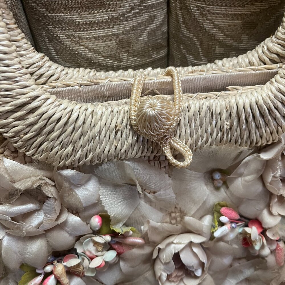 Vintage Flower Embellished Lined Straw Handbag Purse - Picture 4 of 11